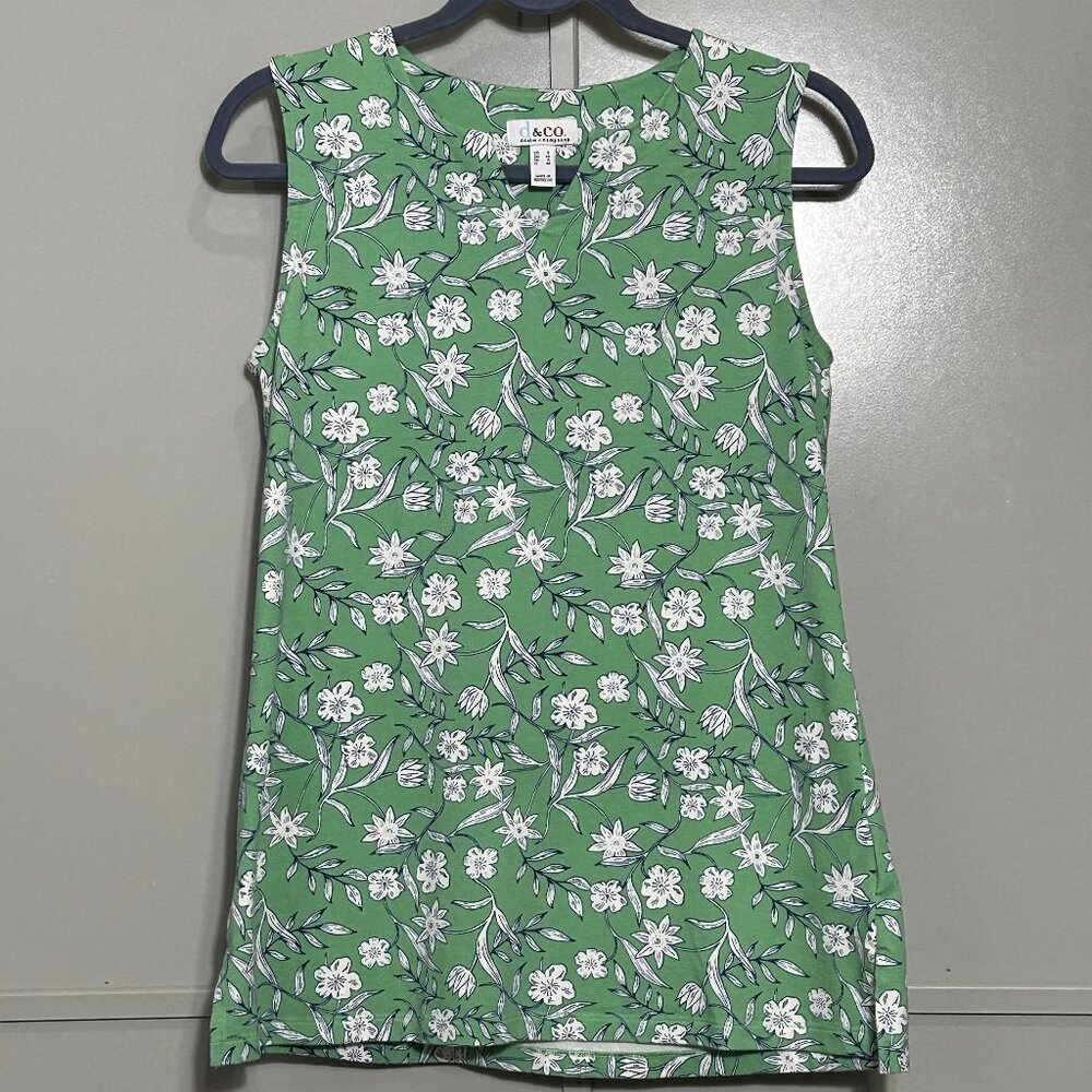 Denim & Company D & Co Floral Perfect Jersey Split V-Neck Tunic Tank Soft Jade S